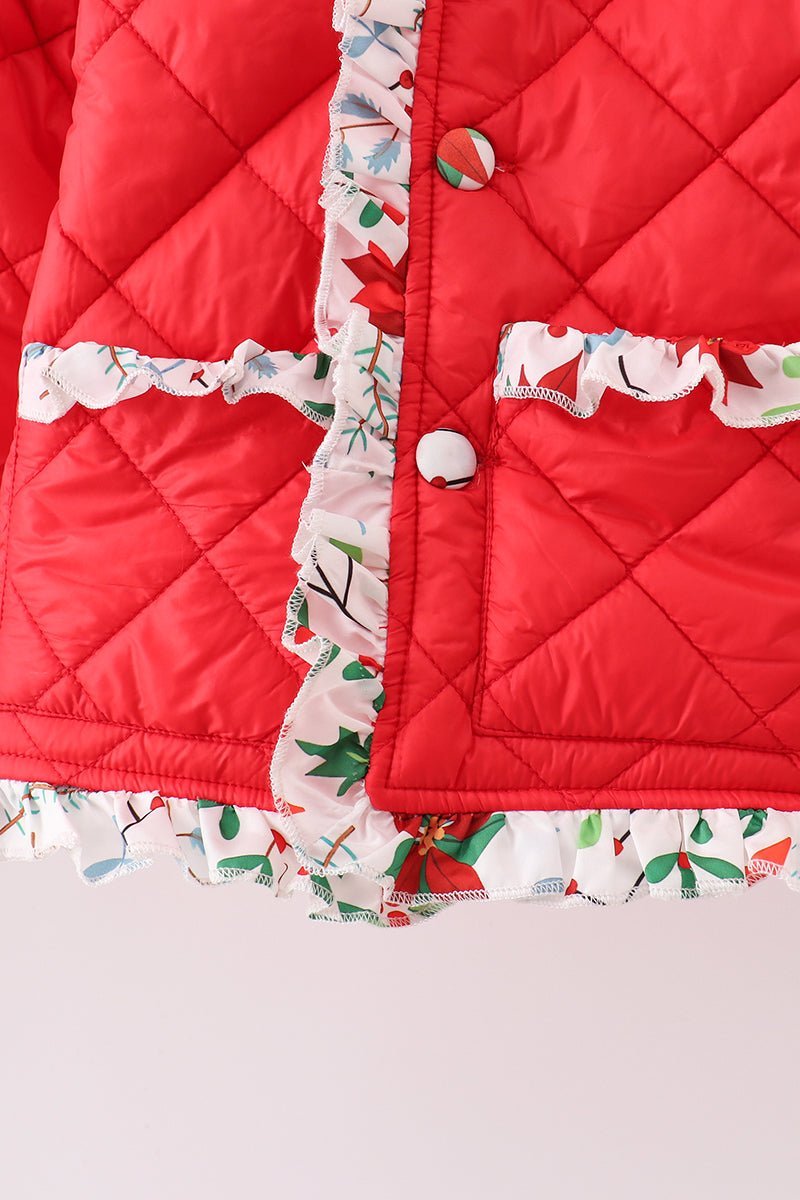 Red floral print ruffle quilted jacket - Abbies Place