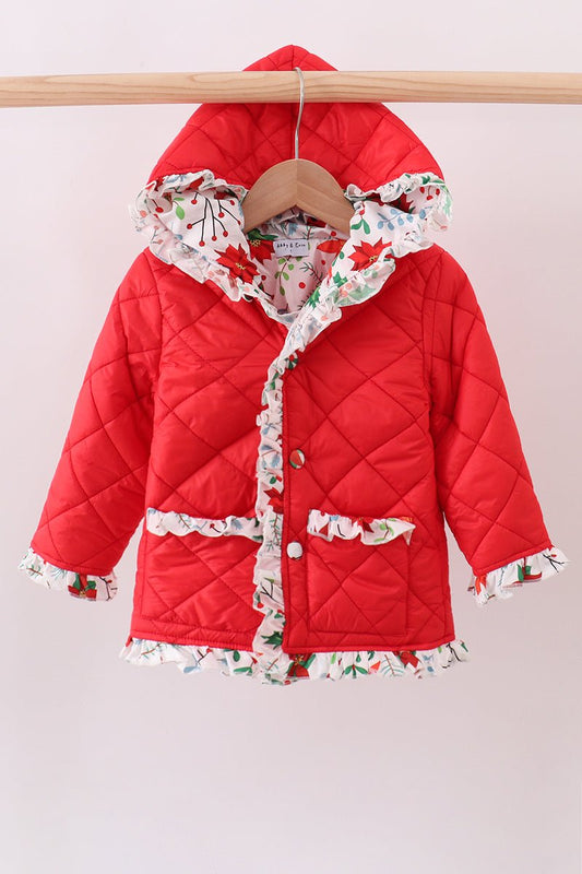 Red floral print ruffle quilted jacket - Abbies Place