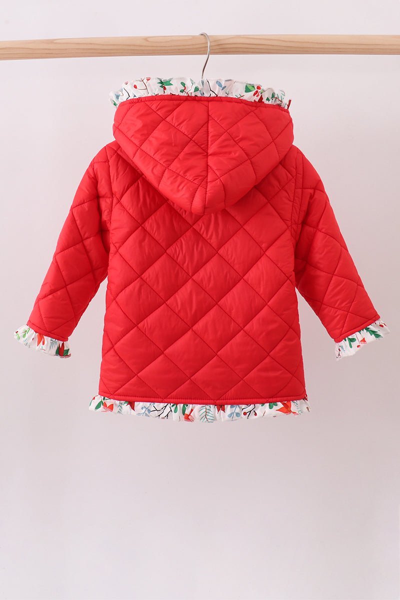 Red floral print ruffle quilted jacket - Abbies Place