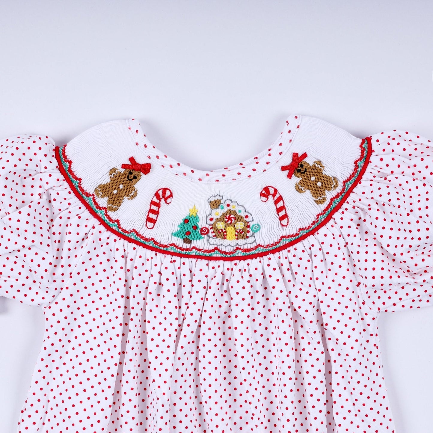 Red gingerbread hand smocked bubble - Abbies Place