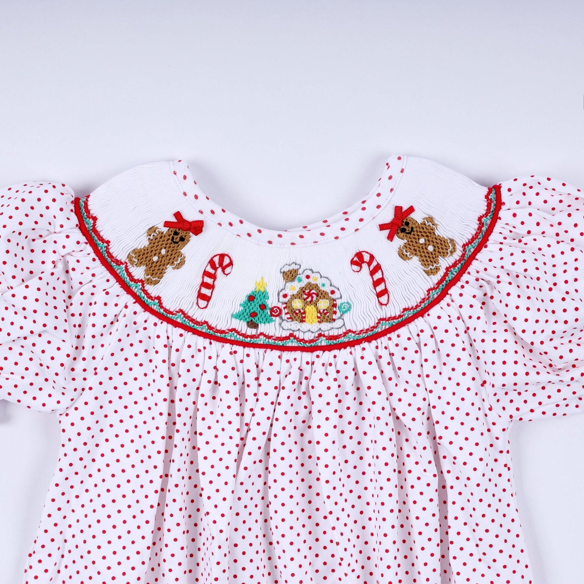 Red gingerbread hand smocked bubble - Abbies Place