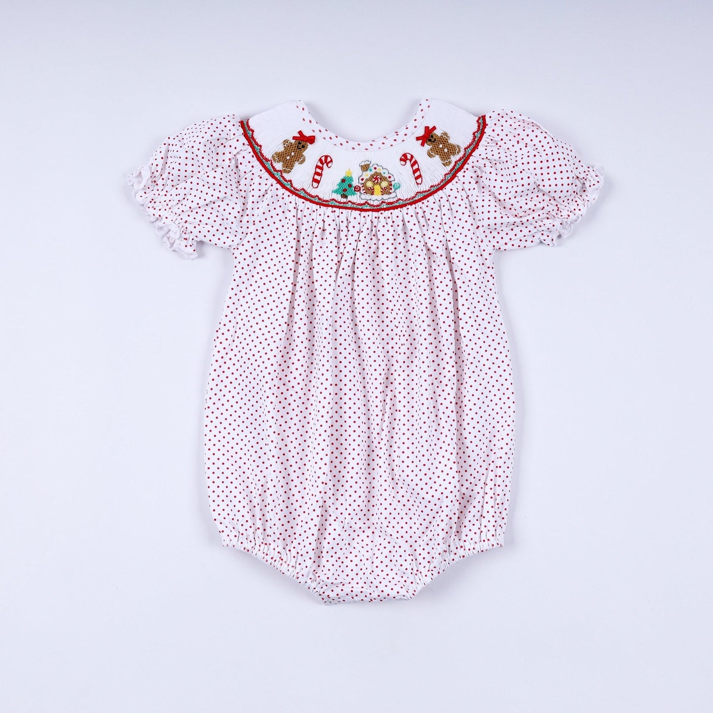 Red gingerbread hand smocked bubble - Abbies Place