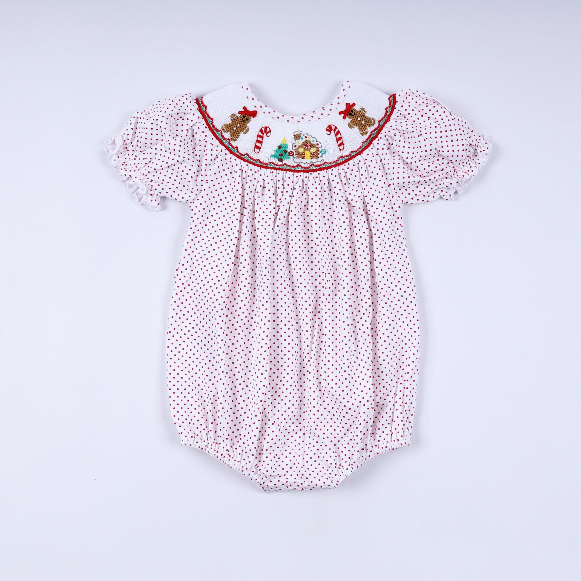 Red gingerbread hand smocked bubble - Abbies Place