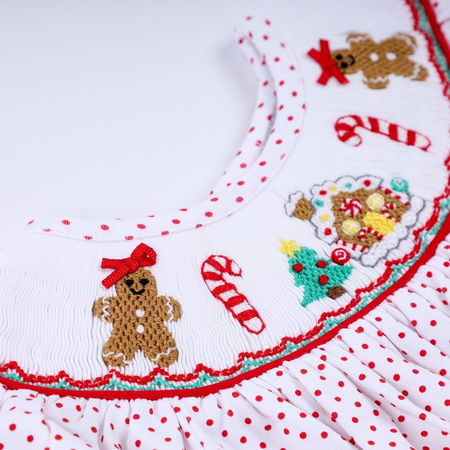 Red gingerbread hand smocked bubble - Abbies Place