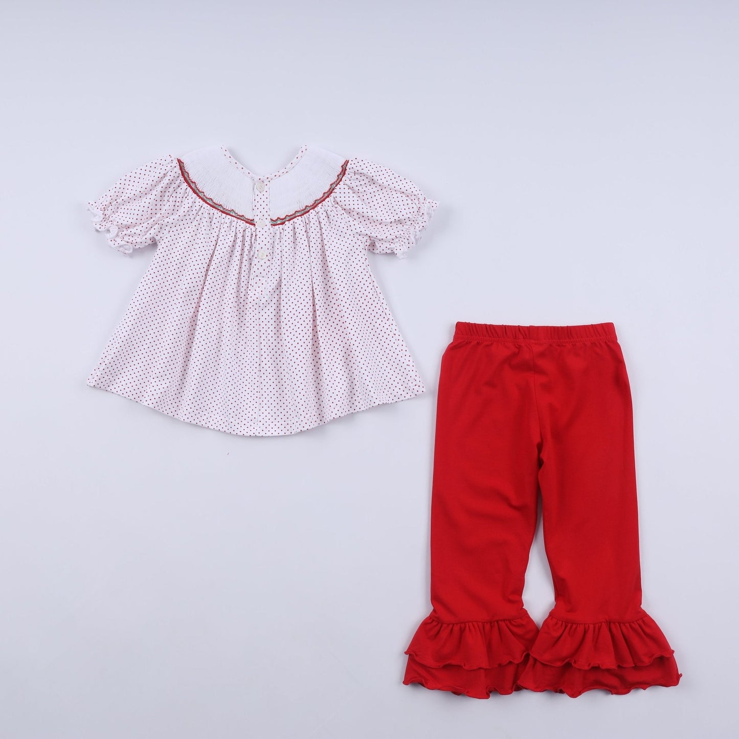 Red gingerbread hand smocked ruffle pants set - Abbies Place