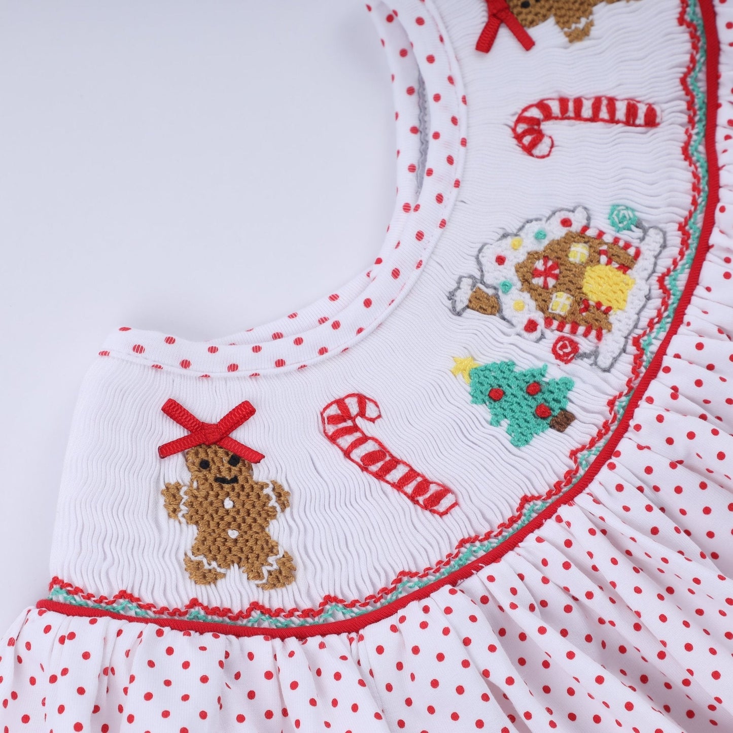 Red gingerbread hand smocked ruffle pants set - Abbies Place