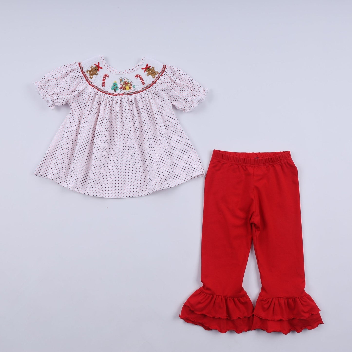 Red gingerbread hand smocked ruffle pants set - Abbies Place