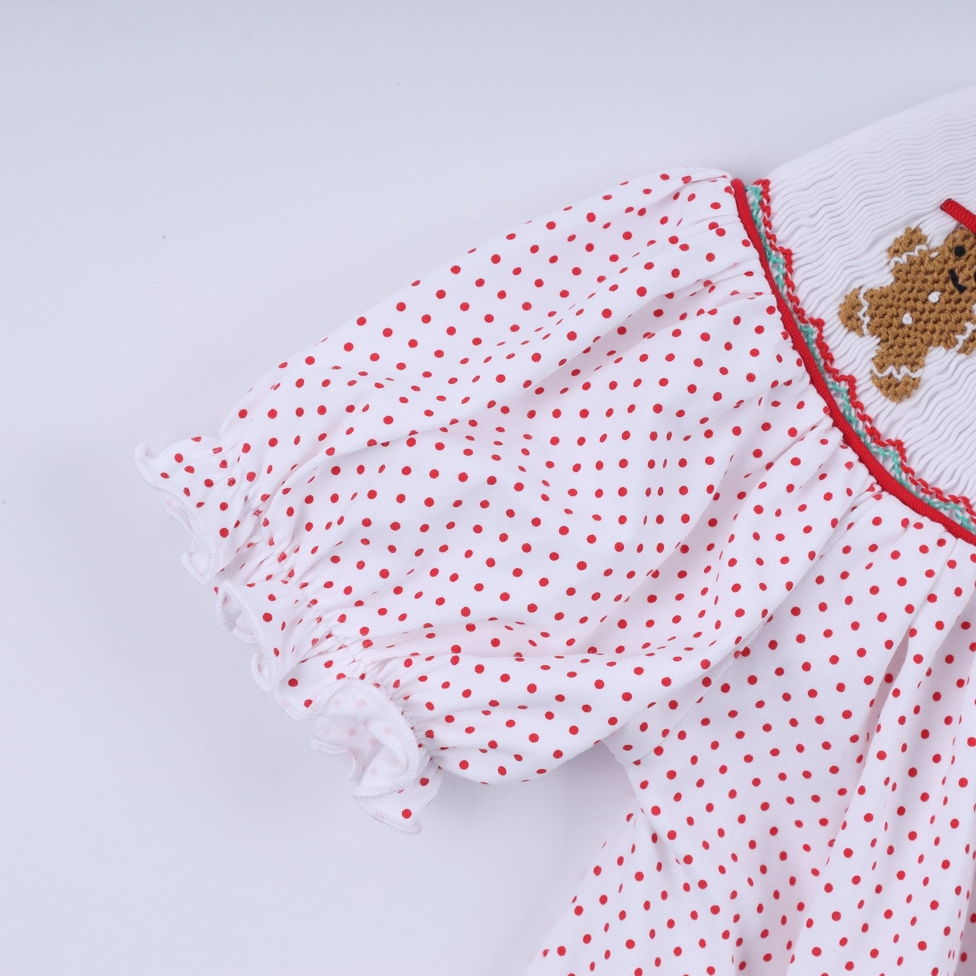 Red gingerbread hand smocked ruffle pants set - Abbies Place