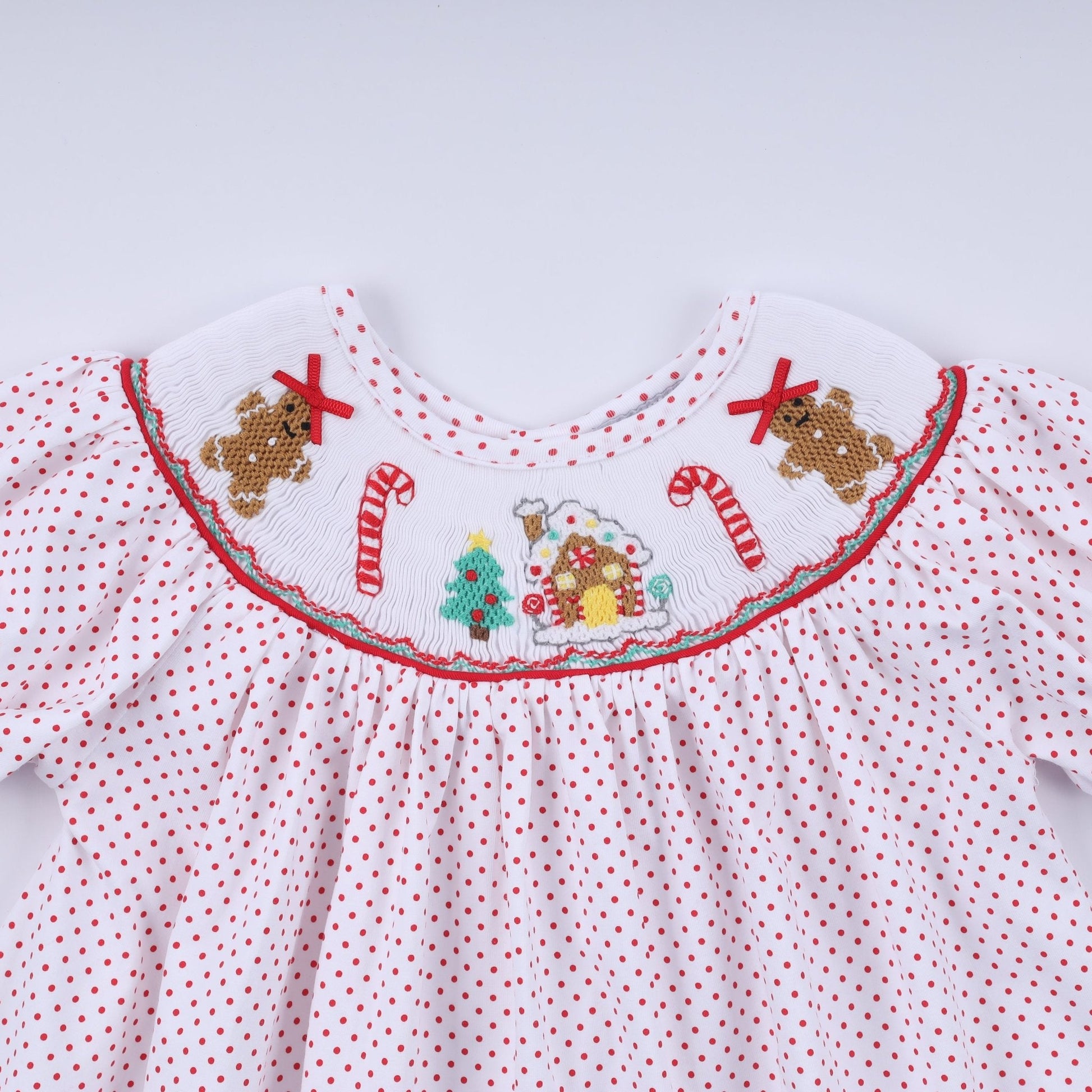 Red gingerbread hand smocked ruffle pants set - Abbies Place