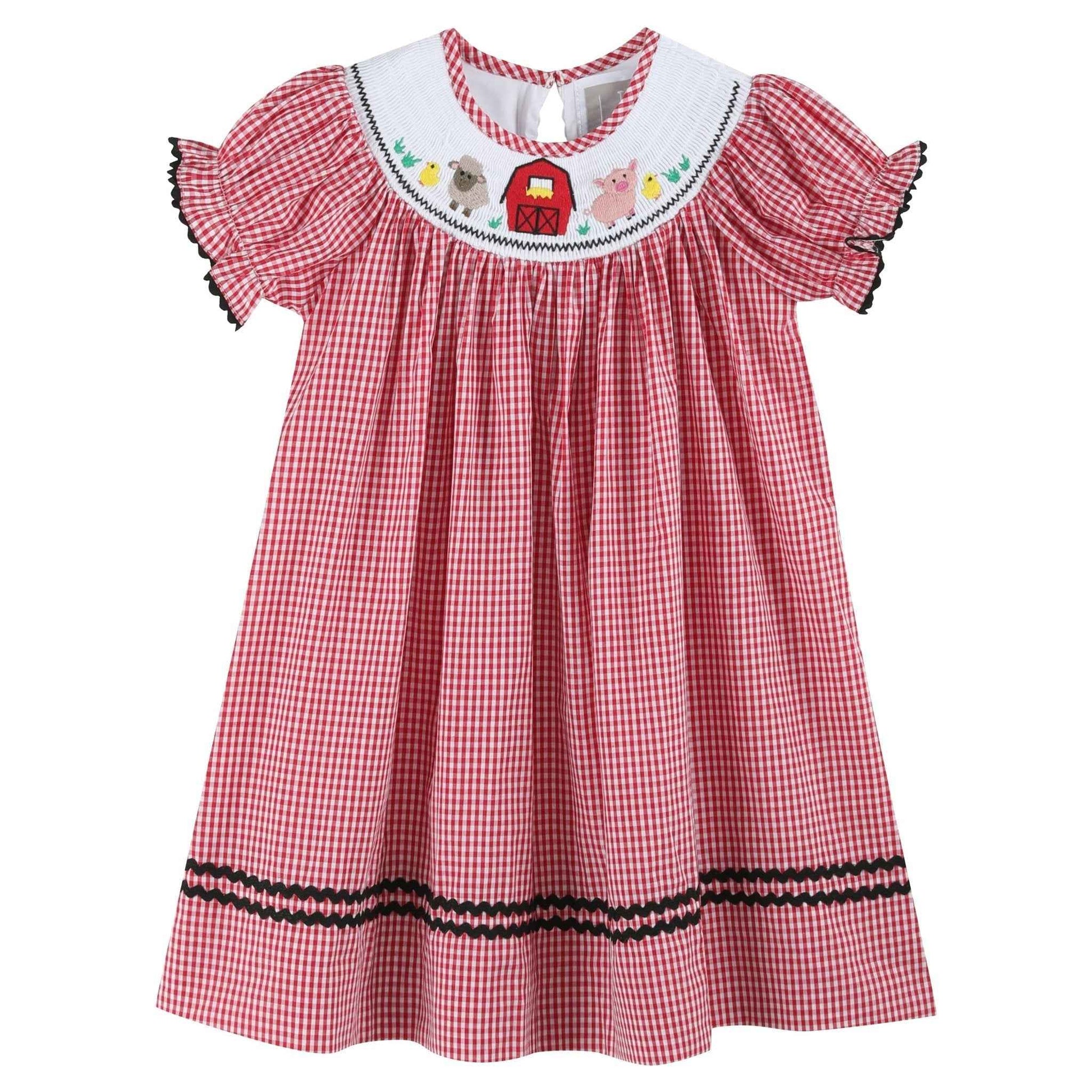 Red Gingham Barn Animals Smocked Bishop Dress - Abbies Place