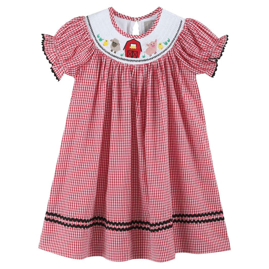 Red Gingham Barn Animals Smocked Bishop Dress - Abbies Place