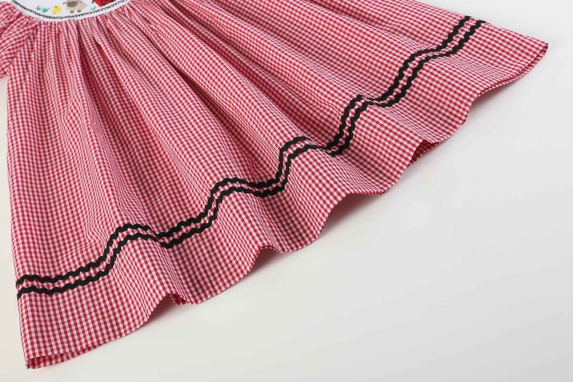 Red Gingham Barn Animals Smocked Bishop Dress - Abbies Place