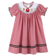 Load image into Gallery viewer, Red Gingham Barn Animals Smocked Bishop Dress
