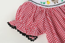 Load image into Gallery viewer, Red Gingham Barn Animals Smocked Bishop Dress
