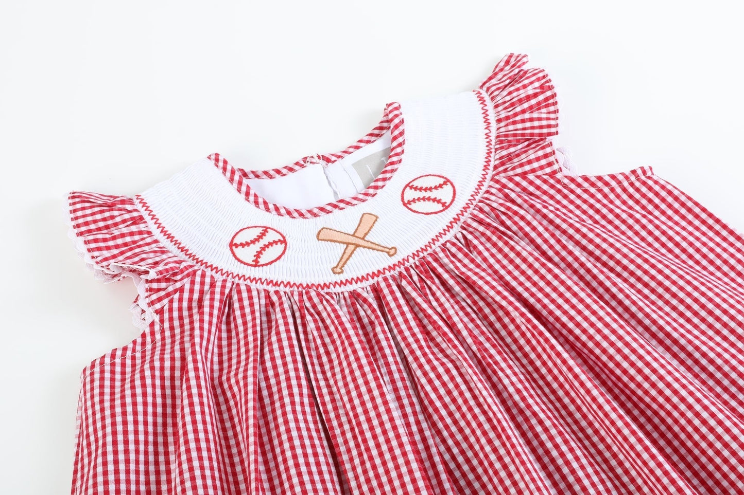 Red Gingham Baseball Smocked Bishop Dress - Abbies Place