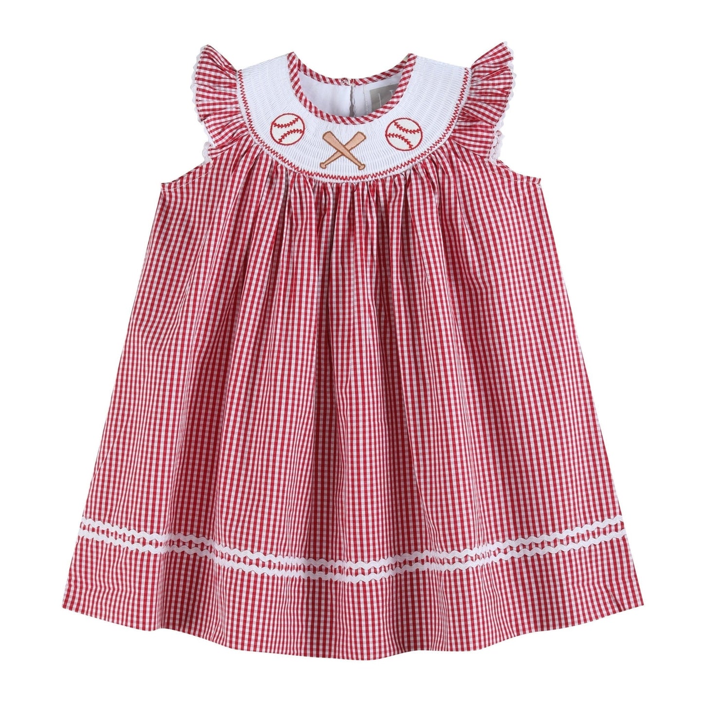 Red Gingham Baseball Smocked Bishop Dress - Abbies Place