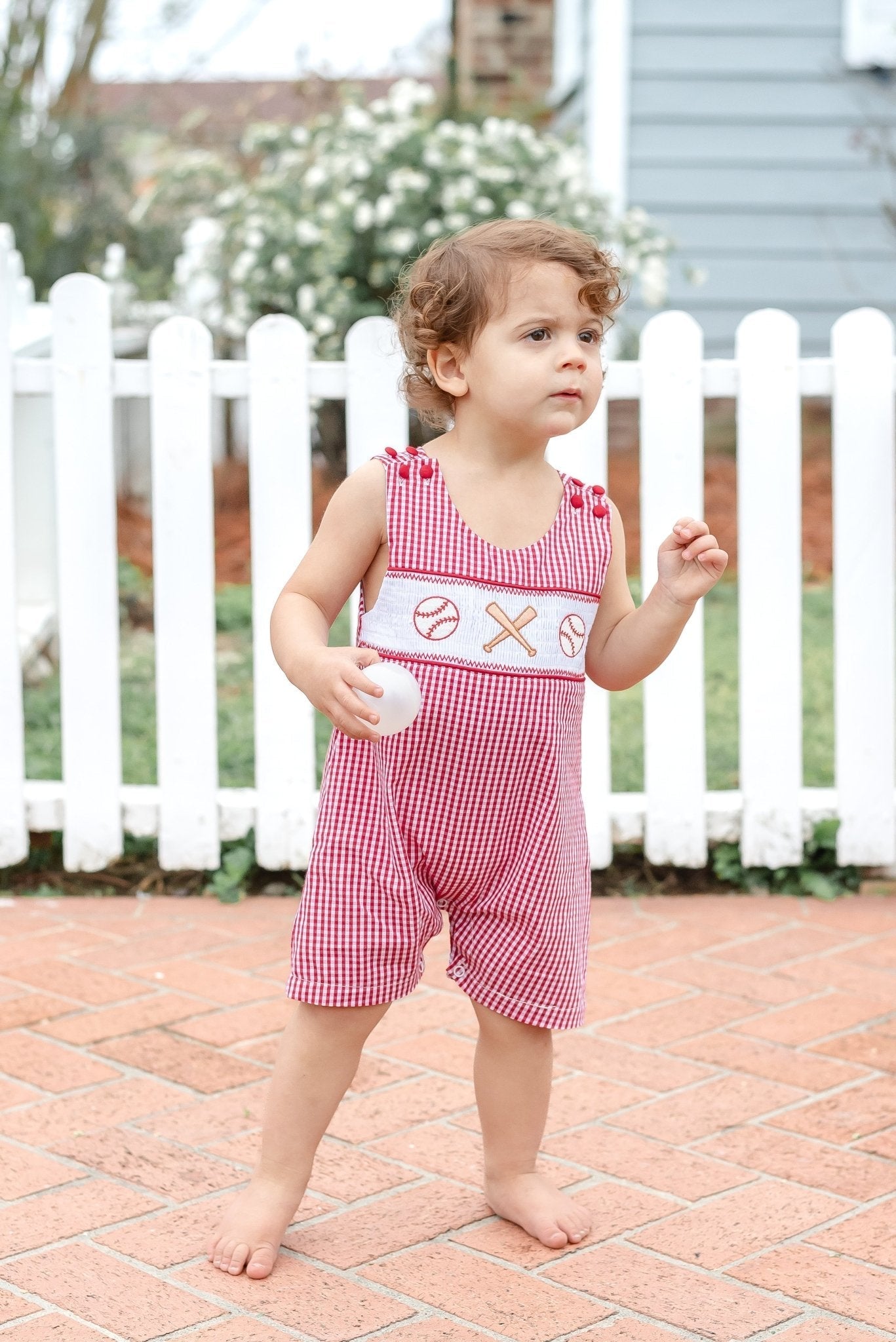 Red Gingham Baseball Smocked Shortalls - Abbies Place