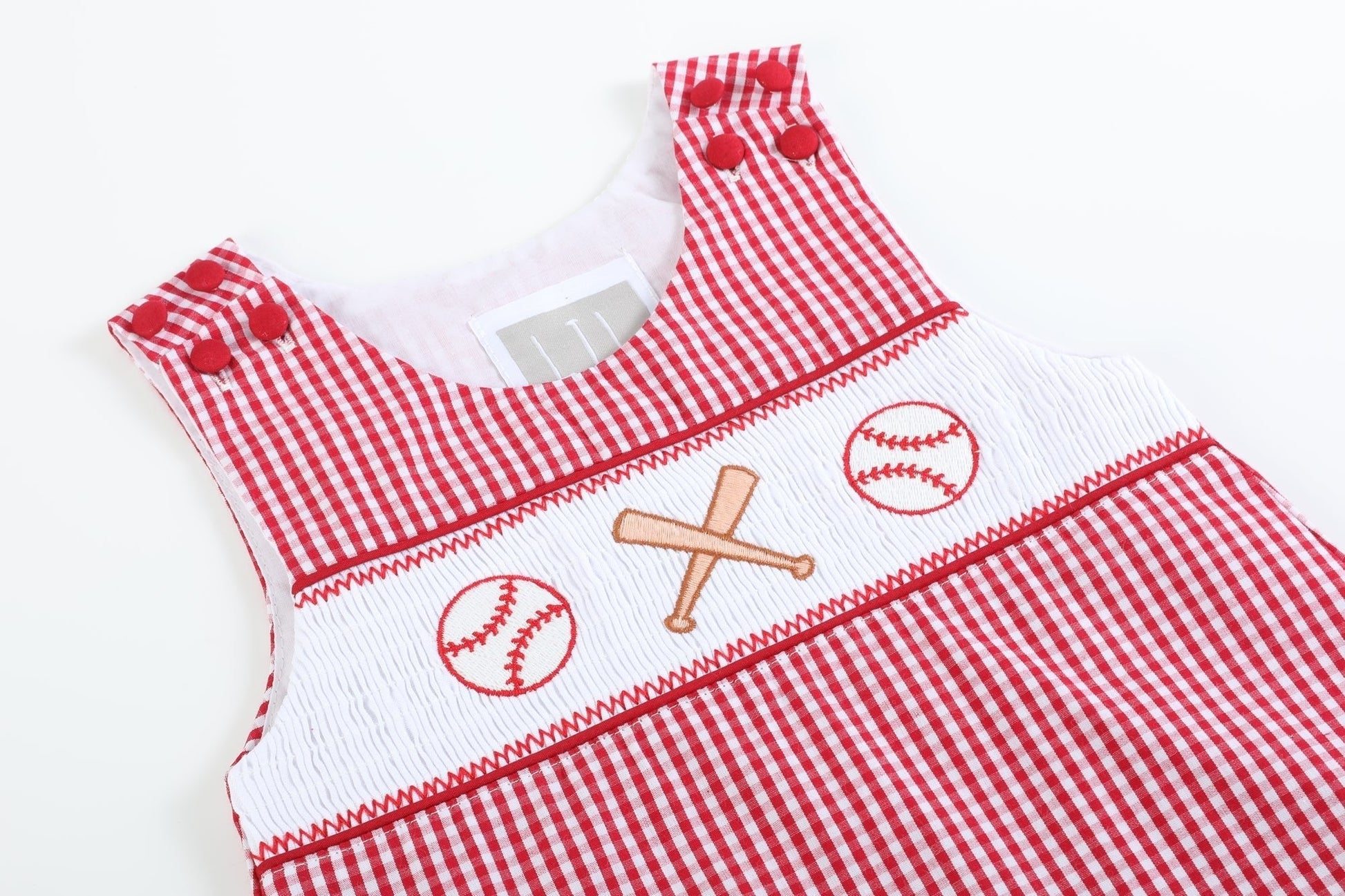 Red Gingham Baseball Smocked Shortalls - Abbies Place