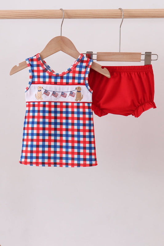 Red puppy embroidery gingham bloomer set - Abbies Place
