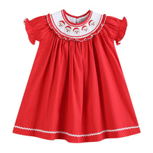 Load image into Gallery viewer, Red Santa Smocked Ruffle Bishop Dress
