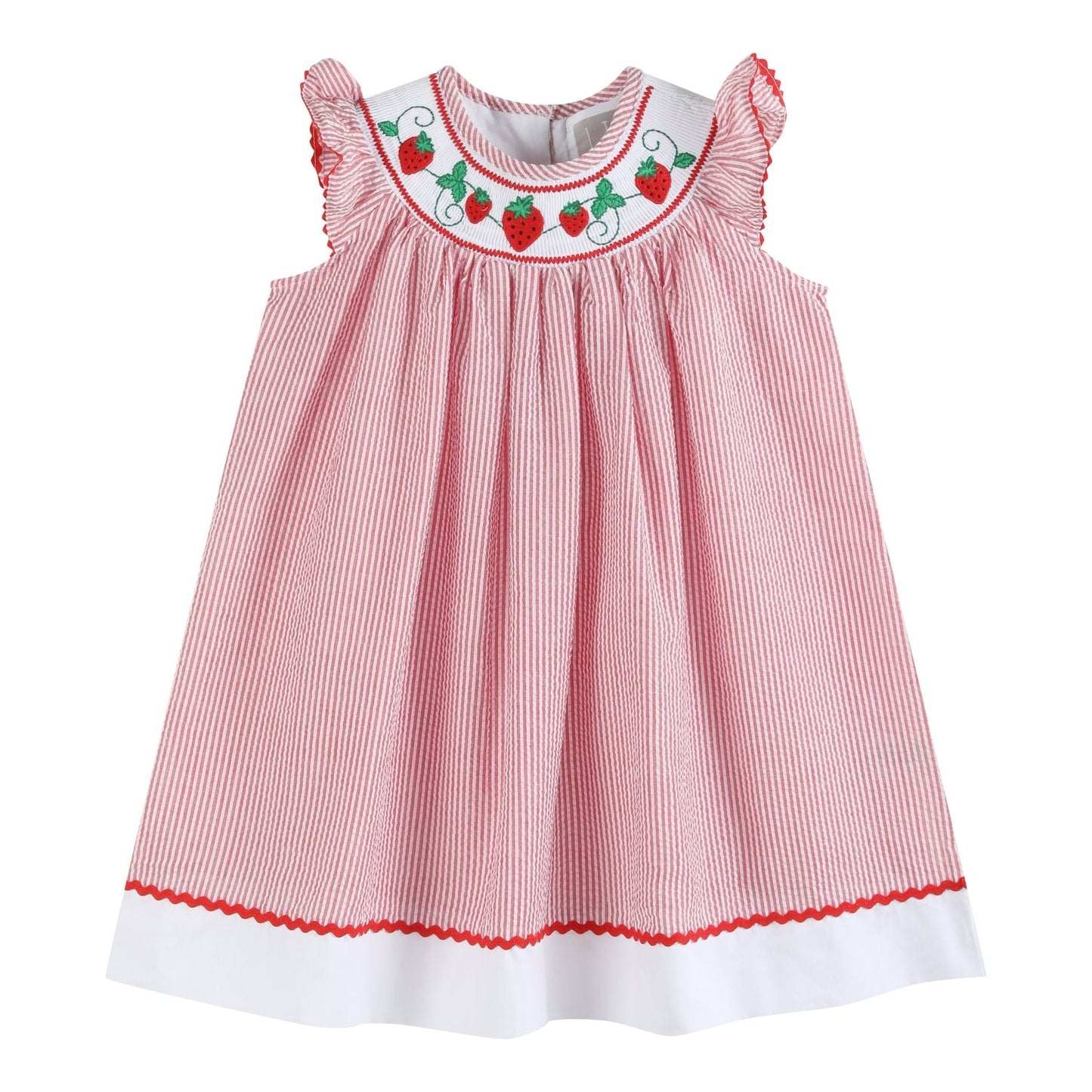 Red Seersucker Strawberry Smocked Bishop Dress - Abbies Place