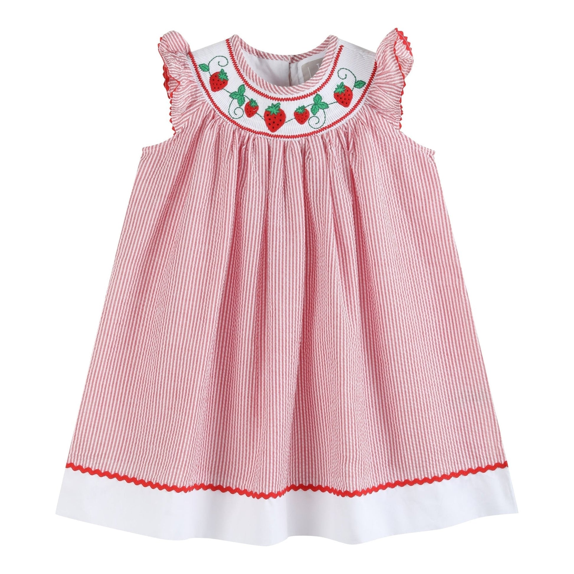 Red Seersucker Strawberry Smocked Bishop Dress - Abbies Place