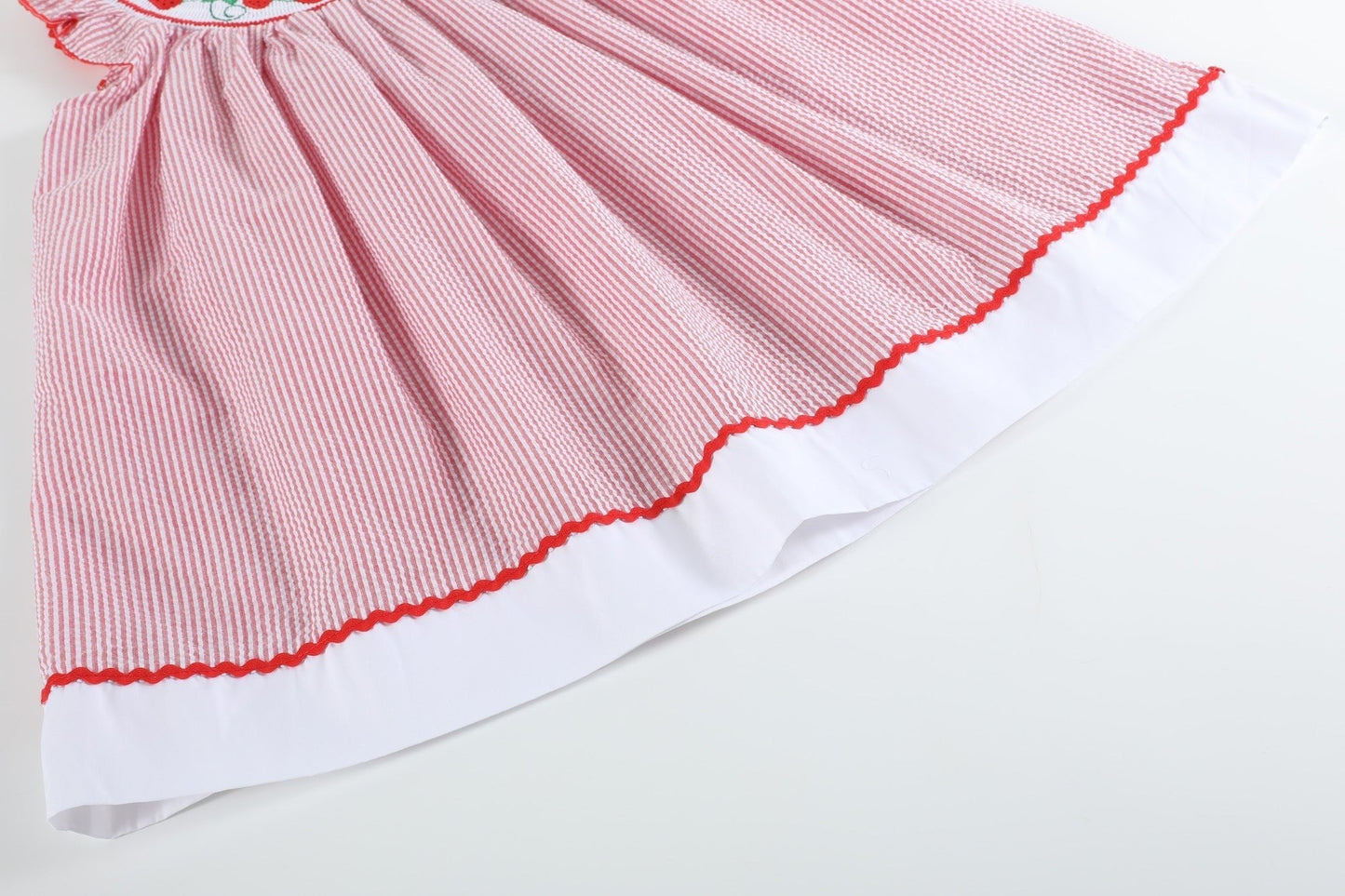 Red Seersucker Strawberry Smocked Bishop Dress - Abbies Place