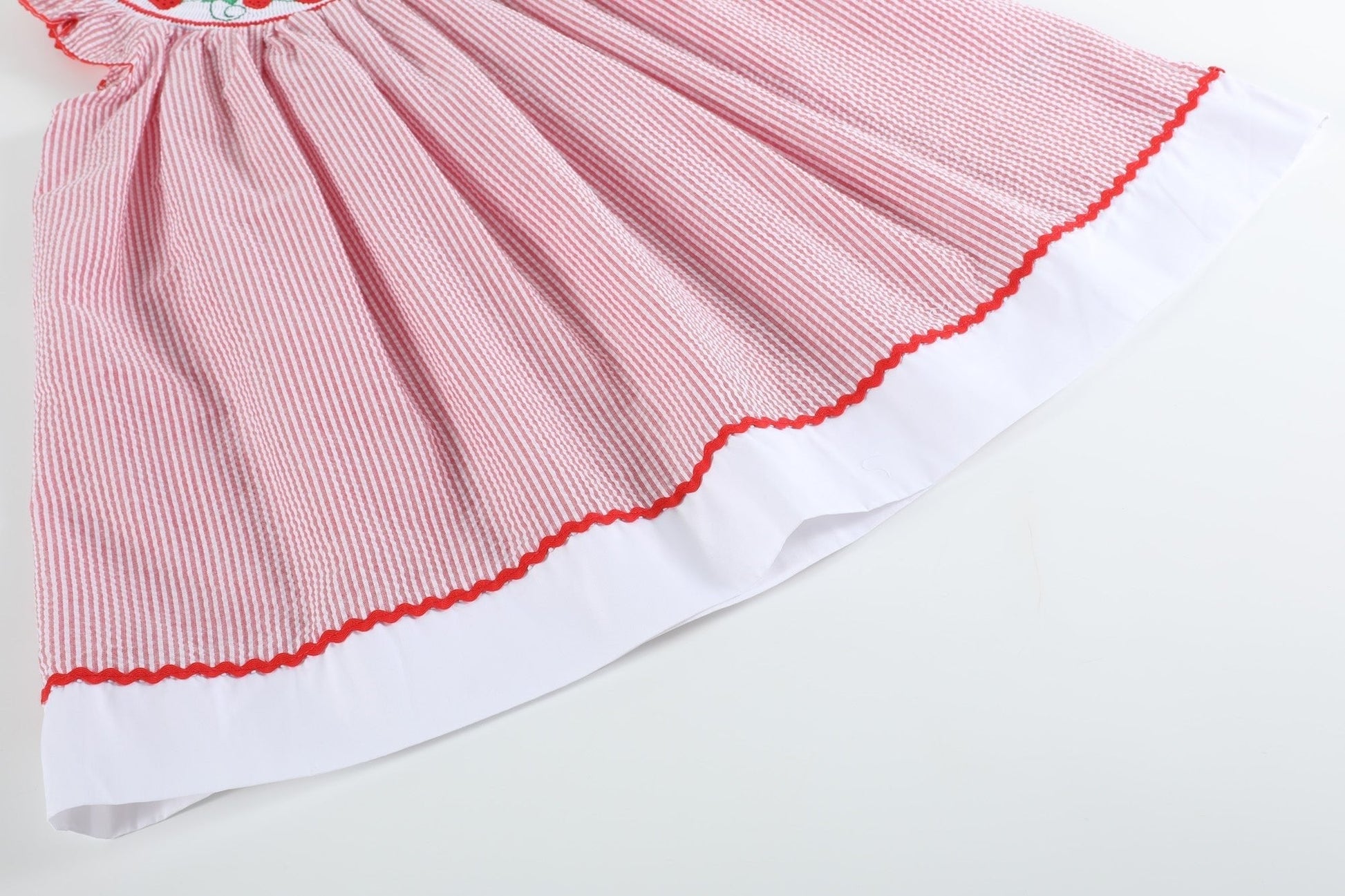Red Seersucker Strawberry Smocked Bishop Dress - Abbies Place