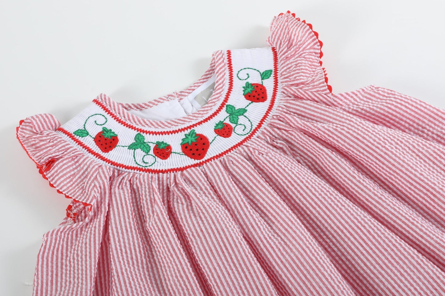 Red Seersucker Strawberry Smocked Bishop Dress - Abbies Place