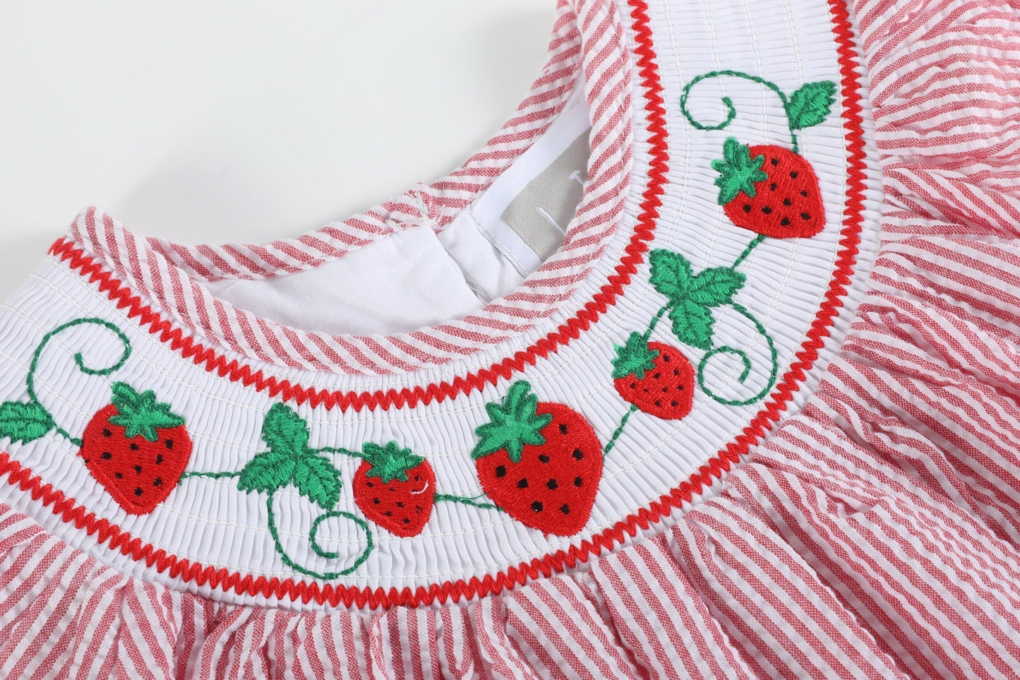 Red Seersucker Strawberry Smocked Bishop Dress - Abbies Place