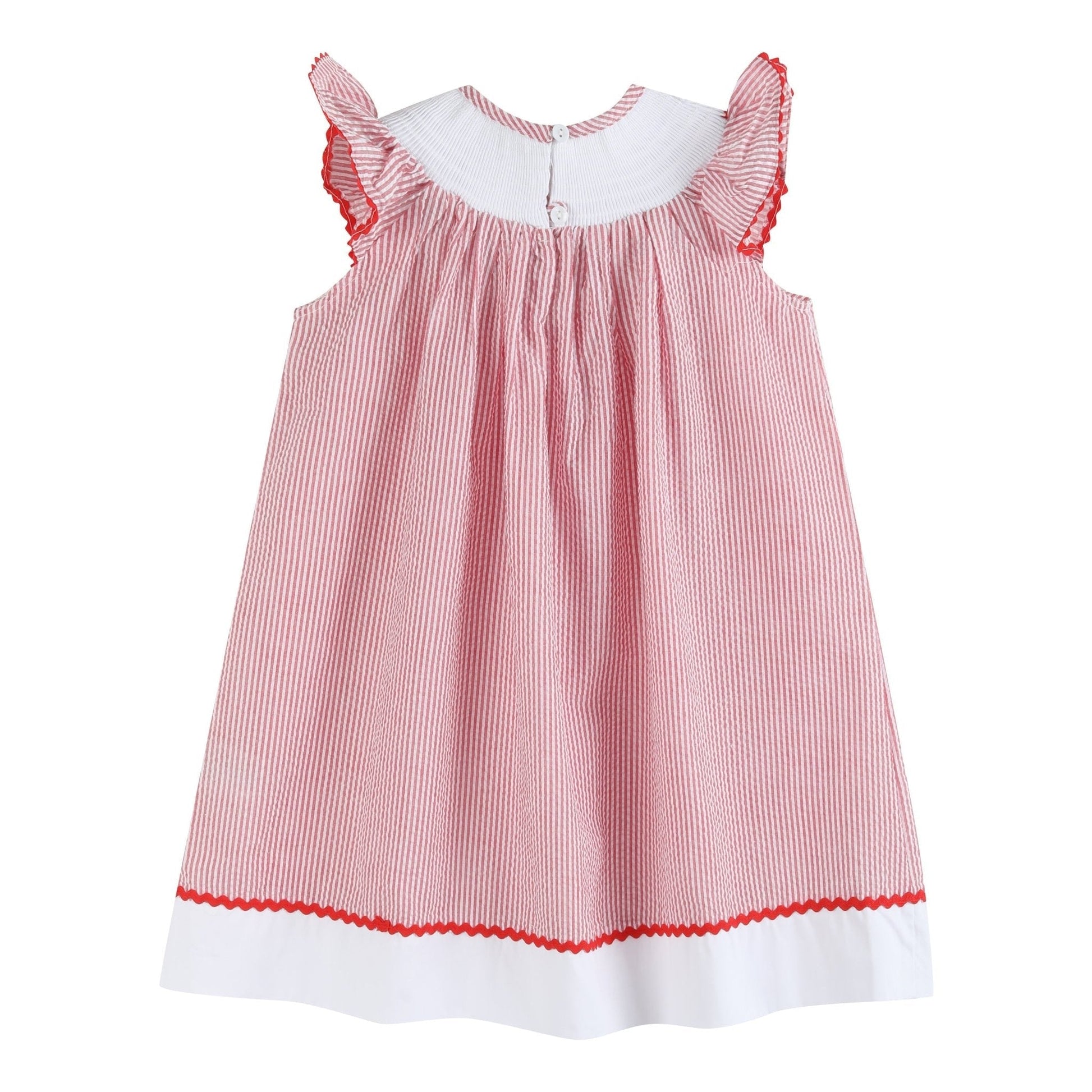 Red Seersucker Strawberry Smocked Bishop Dress - Abbies Place