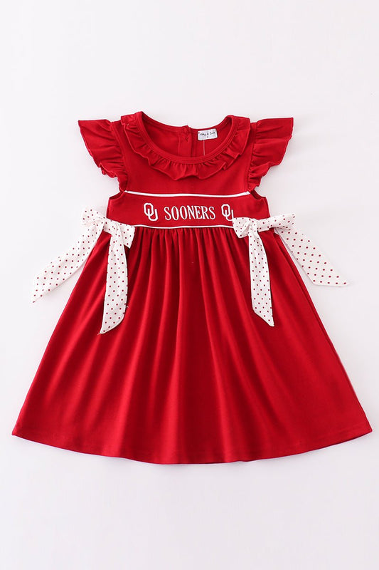 Red sooners embroidery girl dress - Abbies Place