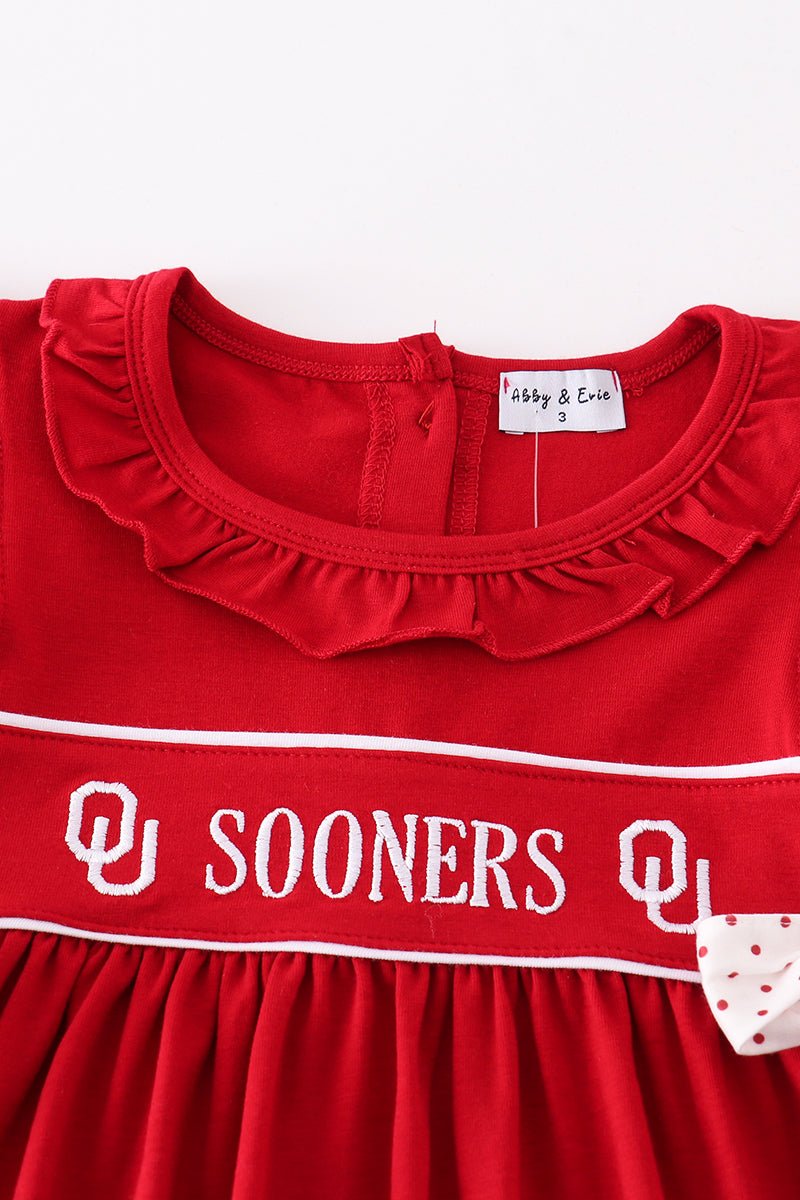 Red sooners embroidery girl dress - Abbies Place