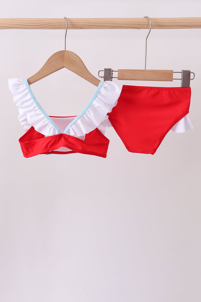 Red star embroidery ruffle 2pc swimsuit - Abbies Place
