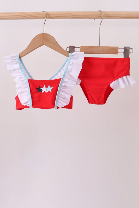Red star embroidery ruffle 2pc swimsuit - Abbies Place