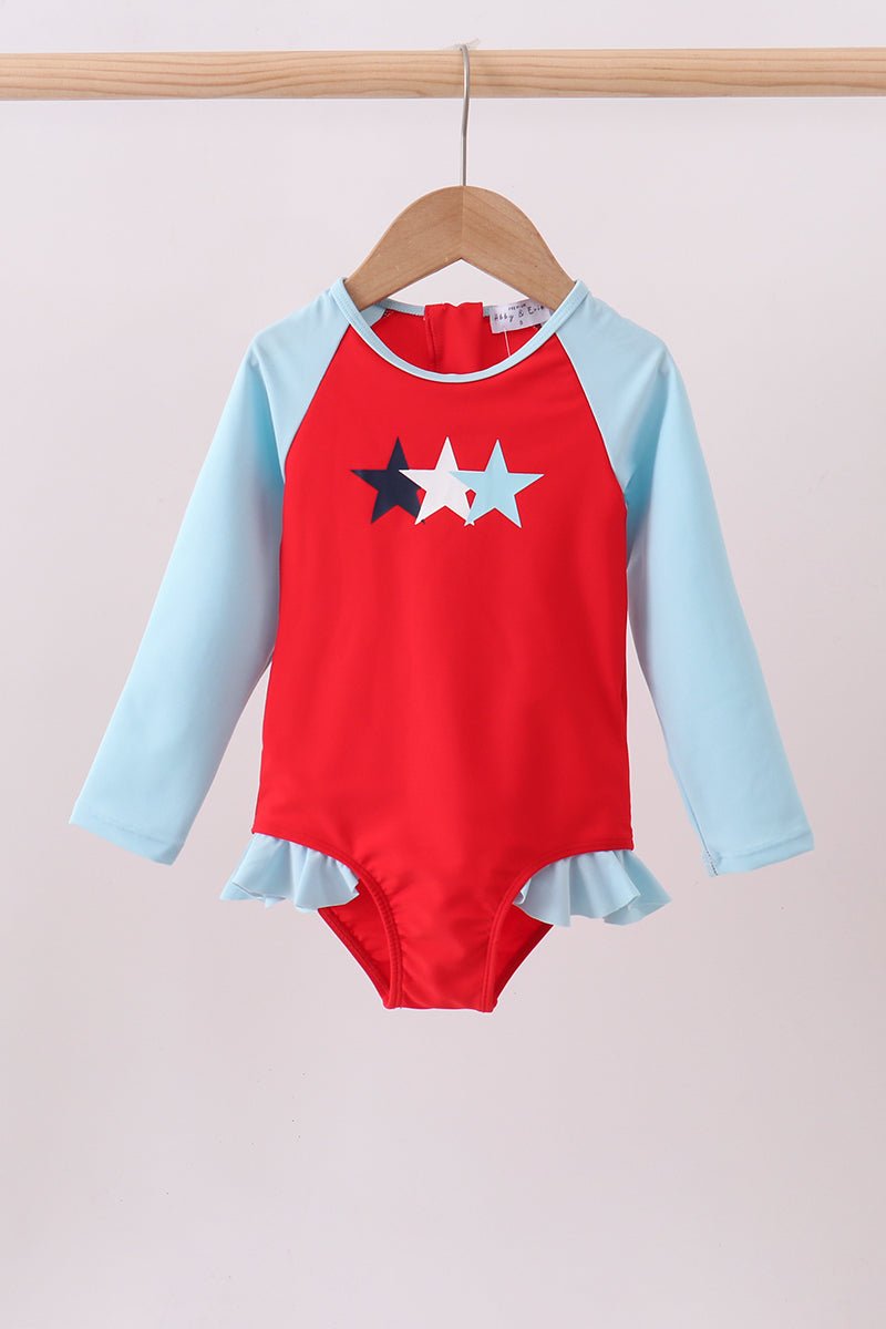 Red star embroidery ruffle rashguard - Abbies Place