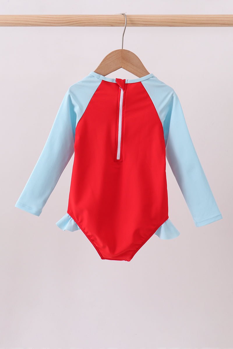 Red star embroidery ruffle rashguard - Abbies Place