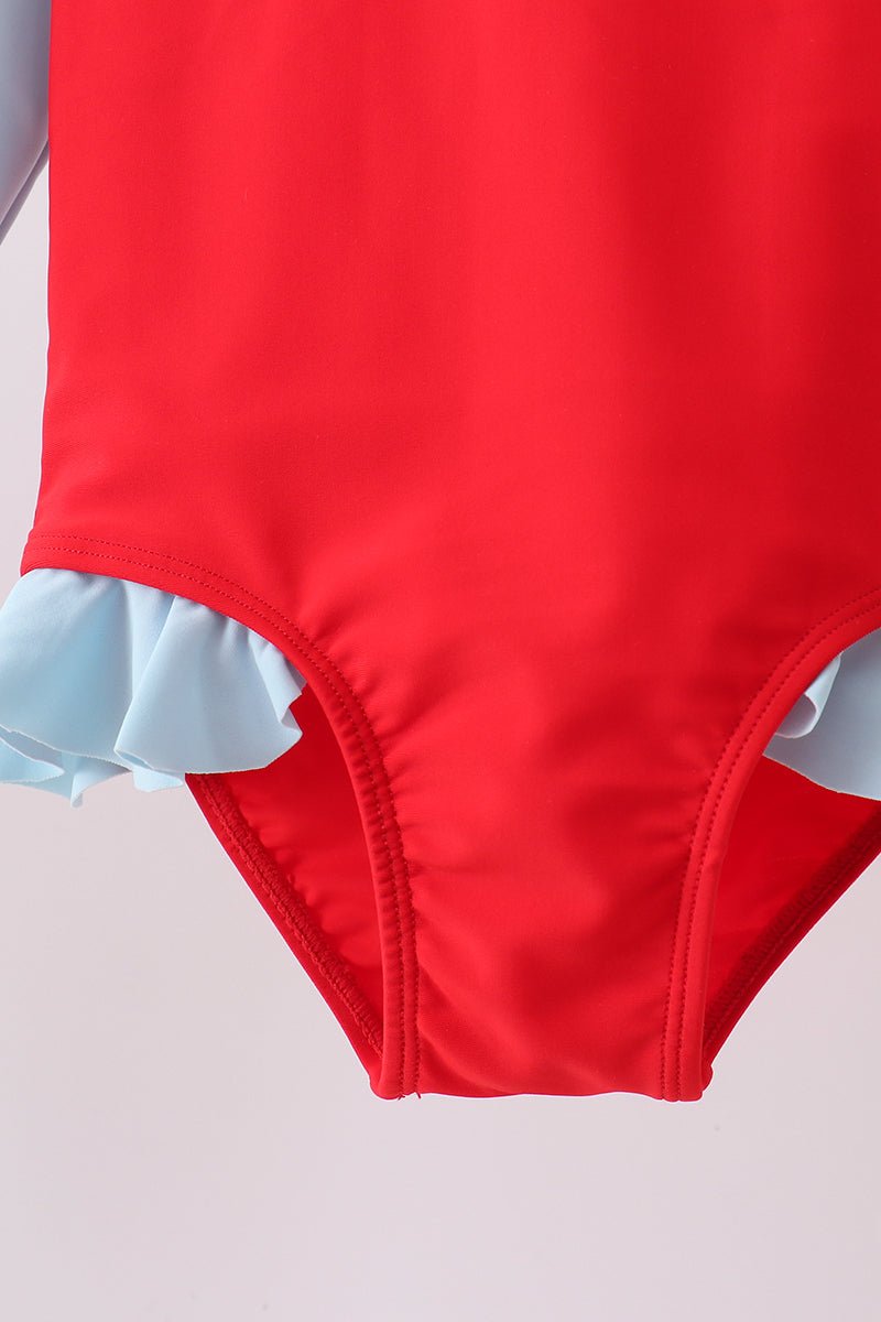 Red star embroidery ruffle rashguard - Abbies Place