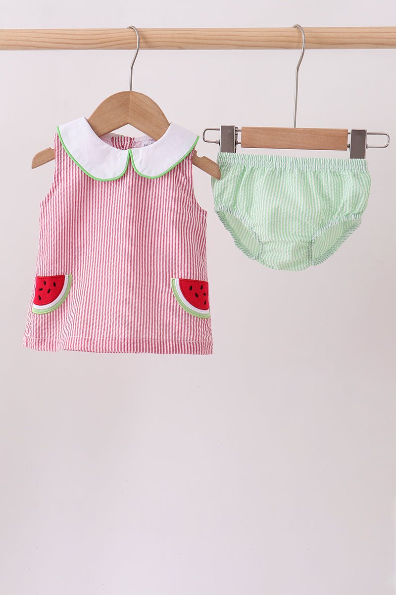 Red stripe watermelon embroidery seersucker bloomer set - Abbies Place