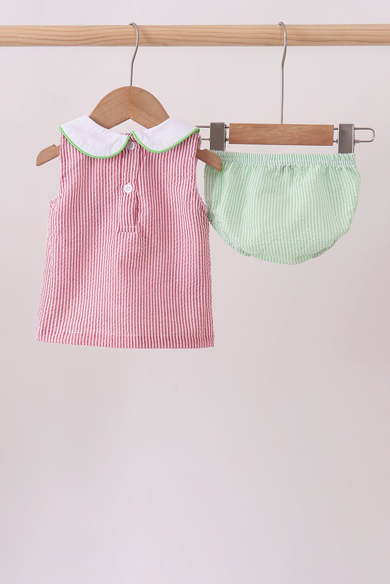 Red stripe watermelon embroidery seersucker bloomer set - Abbies Place