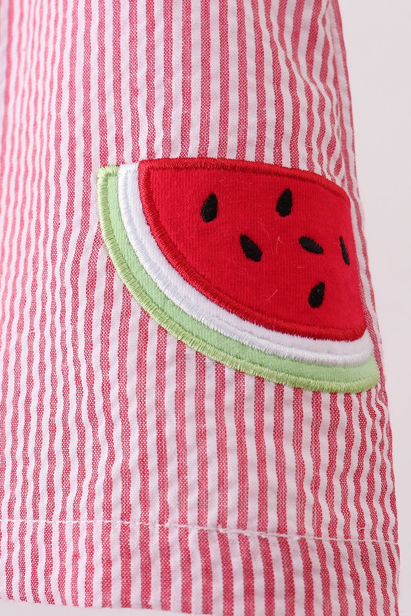 Red stripe watermelon embroidery seersucker bloomer set - Abbies Place