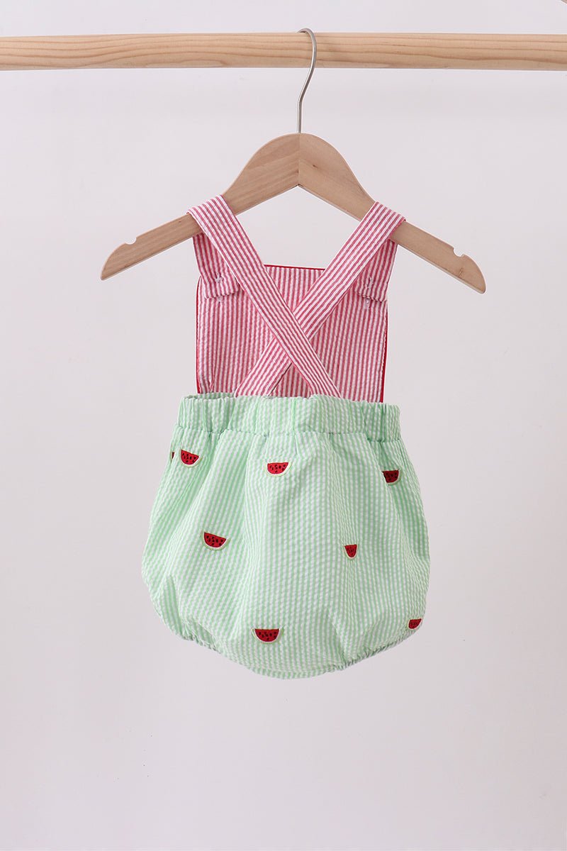Red stripe watermelon embroidery seersucker bubble - Abbies Place