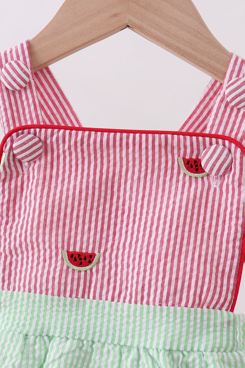 Red stripe watermelon embroidery seersucker bubble - Abbies Place