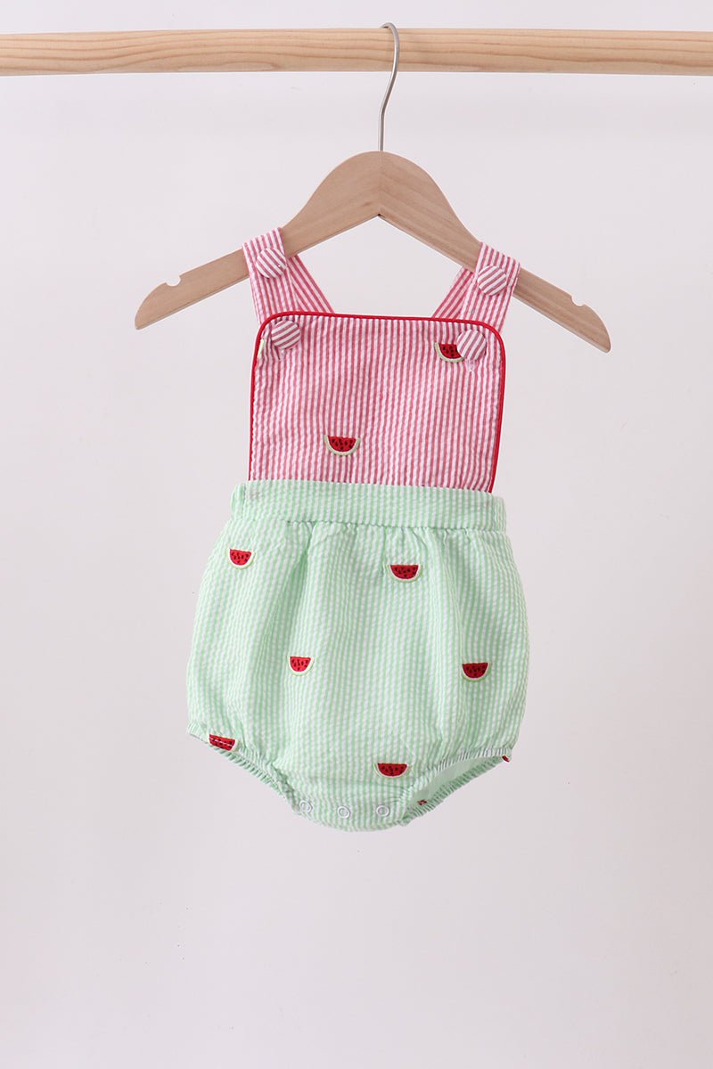 Red stripe watermelon embroidery seersucker bubble - Abbies Place