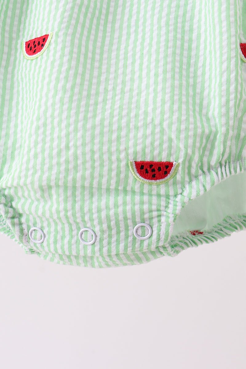 Red stripe watermelon embroidery seersucker bubble - Abbies Place