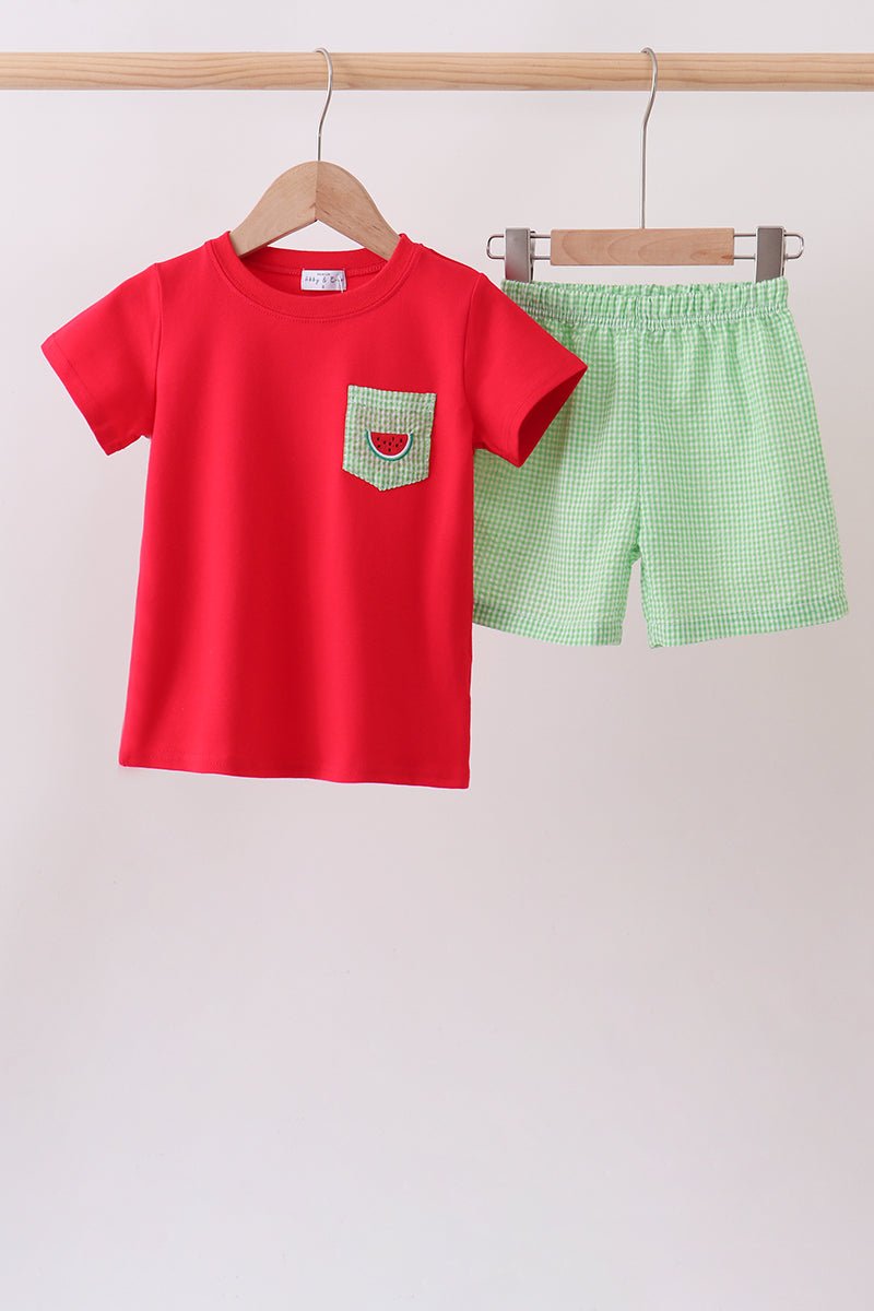 Red watermelon embroidery shorts set - Abbies Place