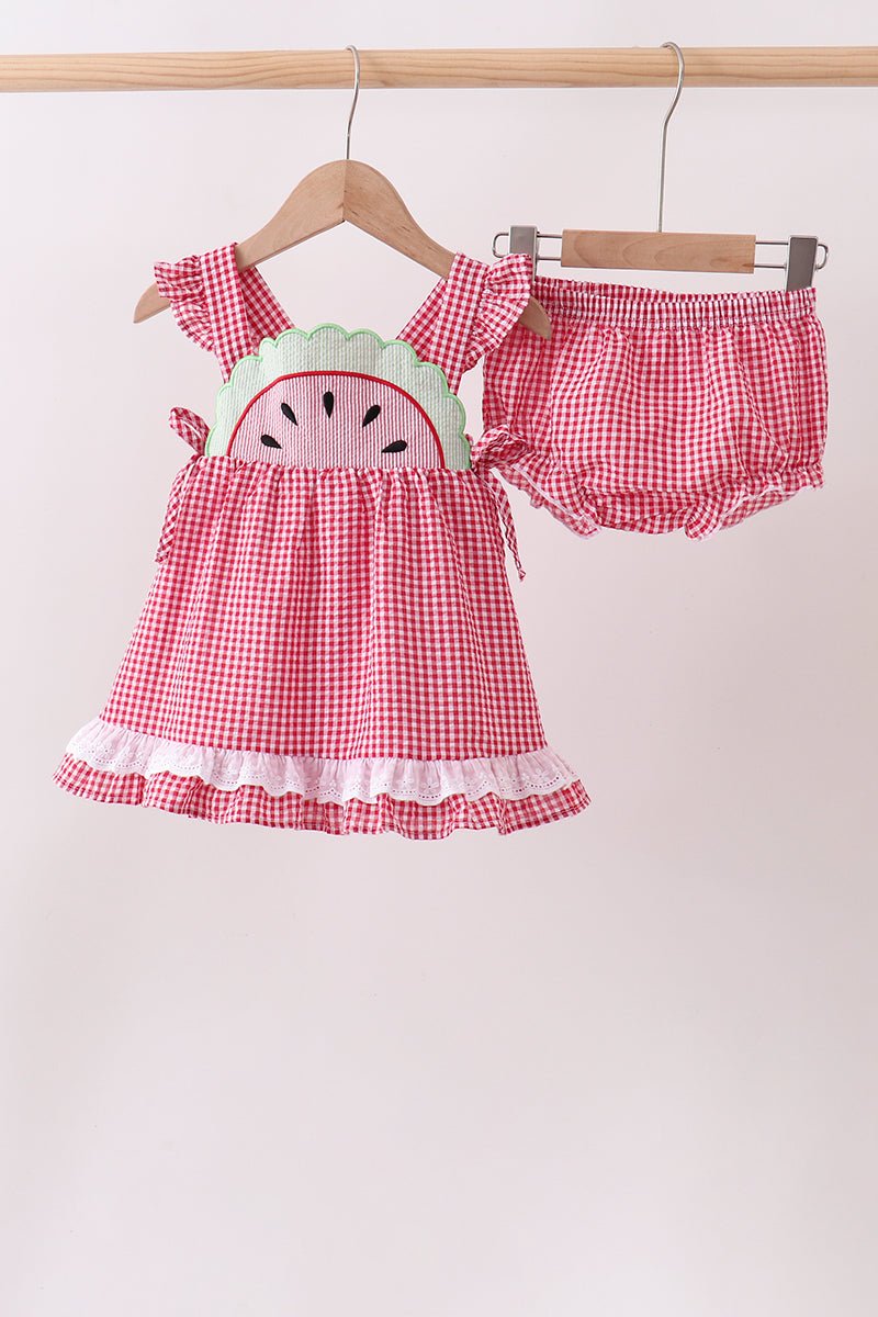 Red watermelon ruffle gingham bloomer set - Abbies Place
