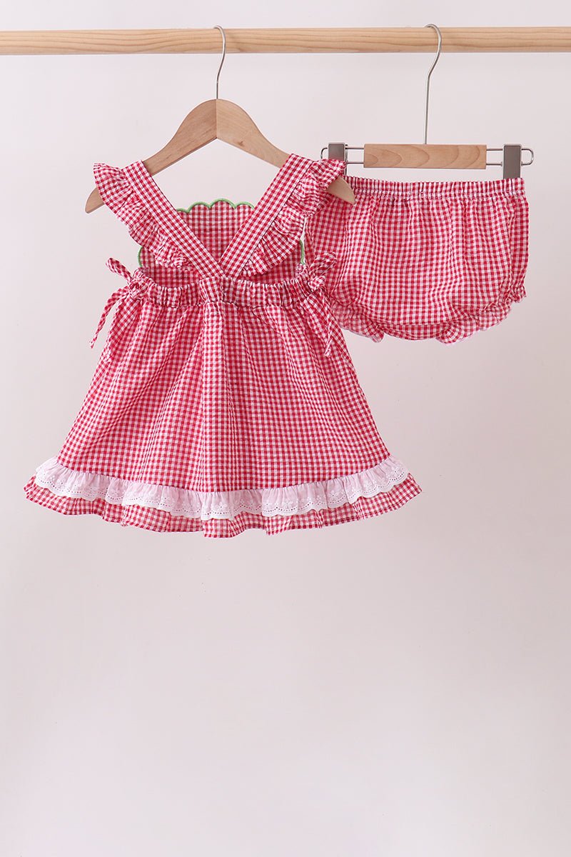 Red watermelon ruffle gingham bloomer set - Abbies Place