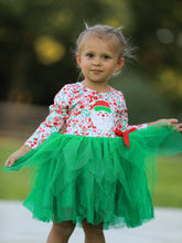 Load image into Gallery viewer, Christmas Santa Applique Floral Long Sleeve Ruffle with Bow Ties Girls Dress
