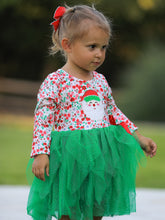 Load image into Gallery viewer, Christmas Santa Applique Floral Long Sleeve Ruffle with Bow Ties Girls Dress
